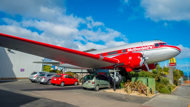 Image of a DC3 plane at the McDonald's in Taupo, New Zealand.