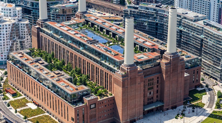 Battersea Power Station aerial high level coloured photograph.
