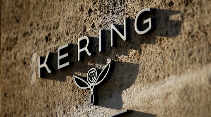The logo of French luxury group Kering on a stone wall at Kering’s headquarters in Paris, France, in 2023.