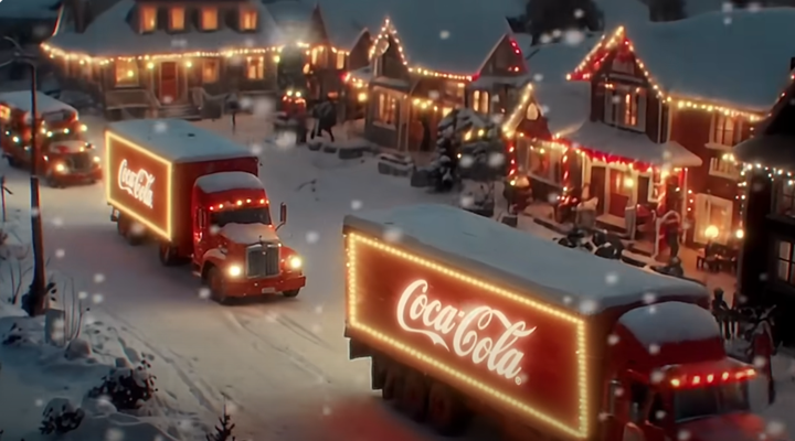 An AI-generated image of two Coca-Cola trucks driving through a snowy town at Christmas time.