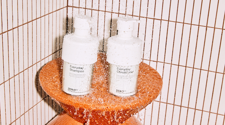 Zero Co ForeverFill shampoo and conditioner sitting in the shower