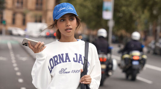 Gen Z model wearing new Lorna Jane collection in Melbourne CBD.