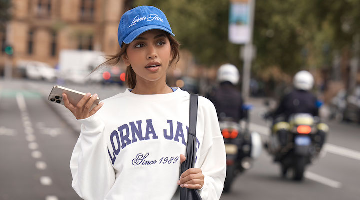 Gen Z model wearing new Lorna Jane collection in Melbourne CBD.