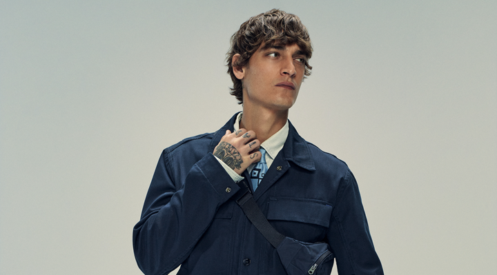 G-Star Raw model wearing dark blue denim jacket