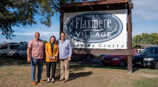 Henry Heke, Sandra Hazlehurst, and Terry May at the Flaxmere Village shopping centre