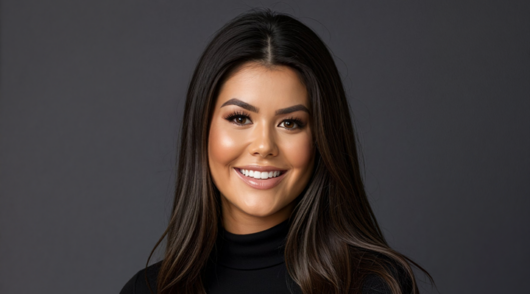 headshot of airi sutherland wearing a black top against a dark grey background