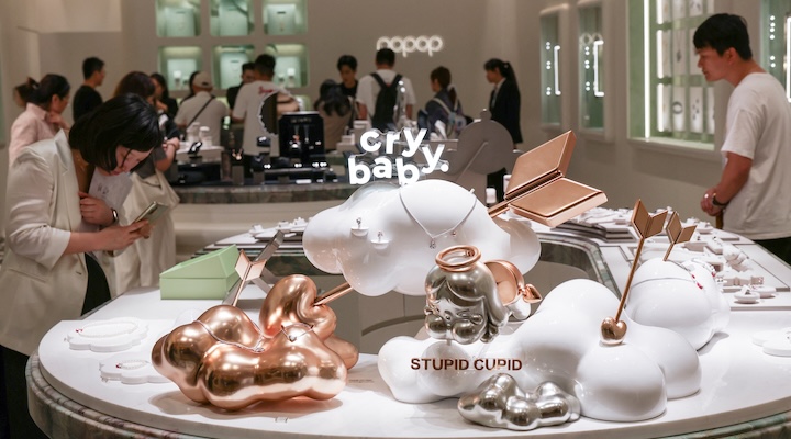 Accessories adorned with Pop Mart's top-selling characters are spotted at Popop.