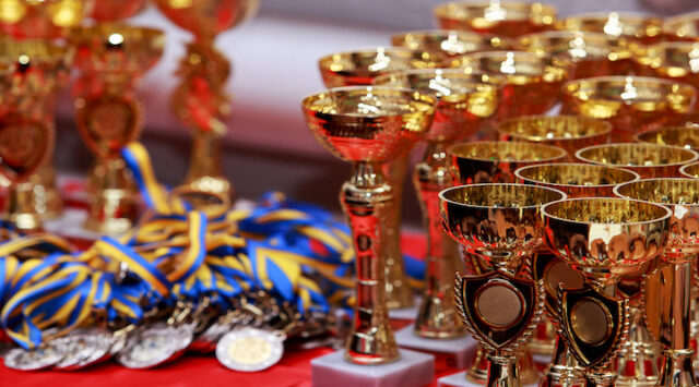 Image of trophies on a table.