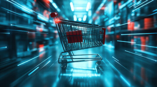 A shopping cart is positioned against a digitized supermarket aisle.