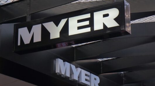 Image of Myer logo outside store.