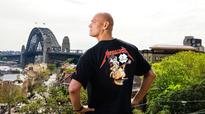 Australian swimmer Michael Klim promoting Lifeblood’s partnership with Metallica.