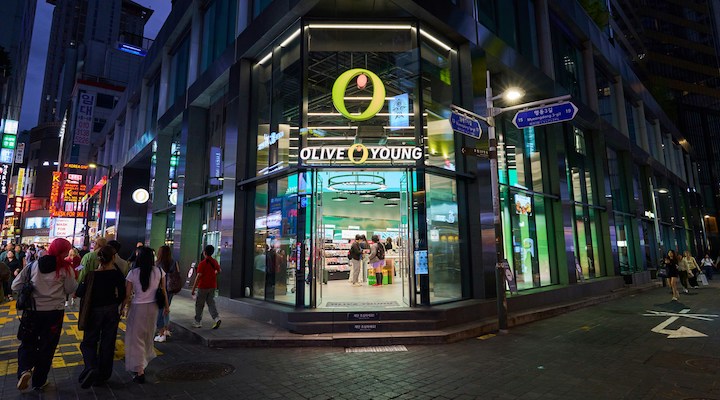 An exterior shot of an Olive Young store in Seoul, South Korea.