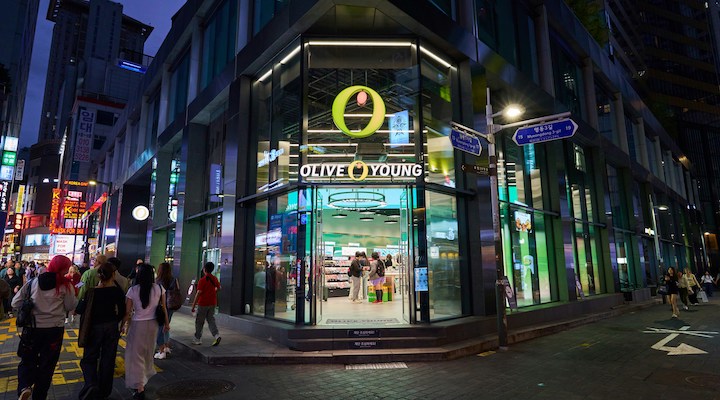 An exterior shot of an Olive Young flagship in South Korea.