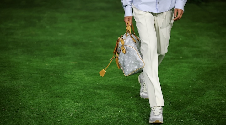 A model presents a creation by designer and musician Pharrell Williams as part of his Menswear Fall/Winter 2026-2027 collection show for fashion house Louis Vuitton during Men's Fashion Week
