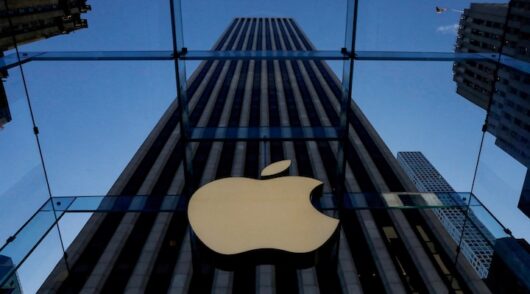 The Apple logo is seen during the preview of the redesigned and reimagined Apple Fifth Avenue store in New York