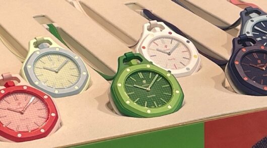 Audemars Piguet & Swatch “Royal Pop” watches are on display at a Swatch shop in Munich