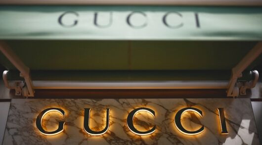 The logo of fashion house Gucci is seen outside a store in Cannes, France