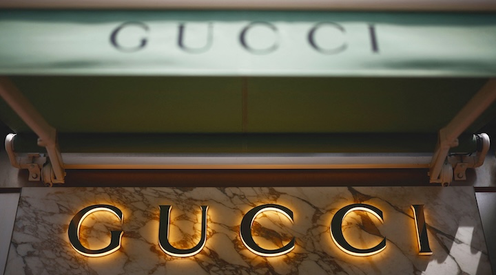 The logo of fashion house Gucci is seen outside a store in Cannes, France