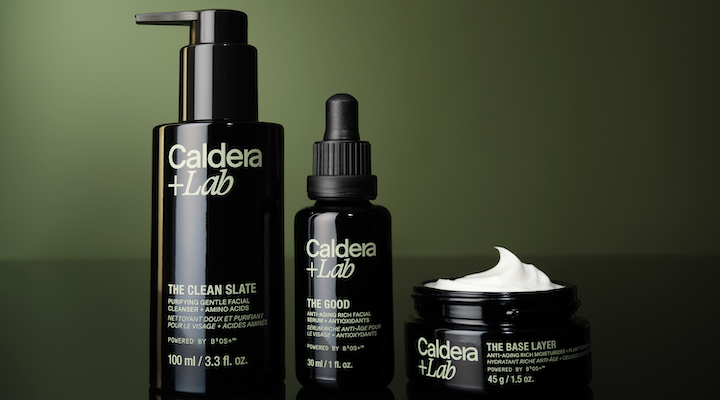 A close-up shot of three Caledaer + Lab products against a dark green background.