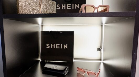 Sunglasses are displayed at the reception of the fast-fashion brand Shein's office