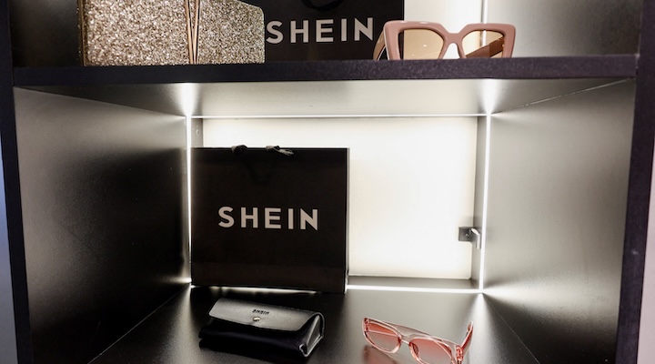 Sunglasses are displayed at the reception of the fast-fashion brand Shein's office