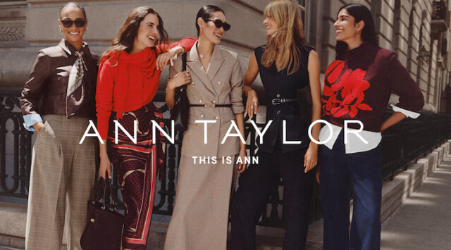 Several female models standing on the street, wearing Ann Taylor.