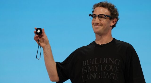 Meta CEO Mark Zuckerberg presents the Muse Charm during the Meta Connect event.