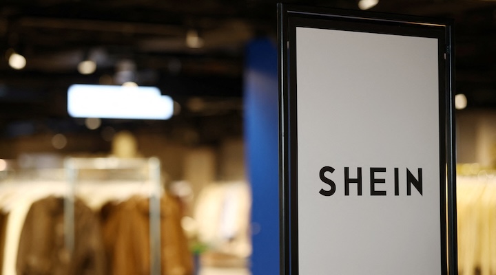 A Shein logo is seen at the first physical space of Chinese online fast-fashion retailer Shein
